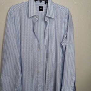 Hugo Boss Mens Regular Fit Blue White Striped Floral Embroidered Cotton Shirt L